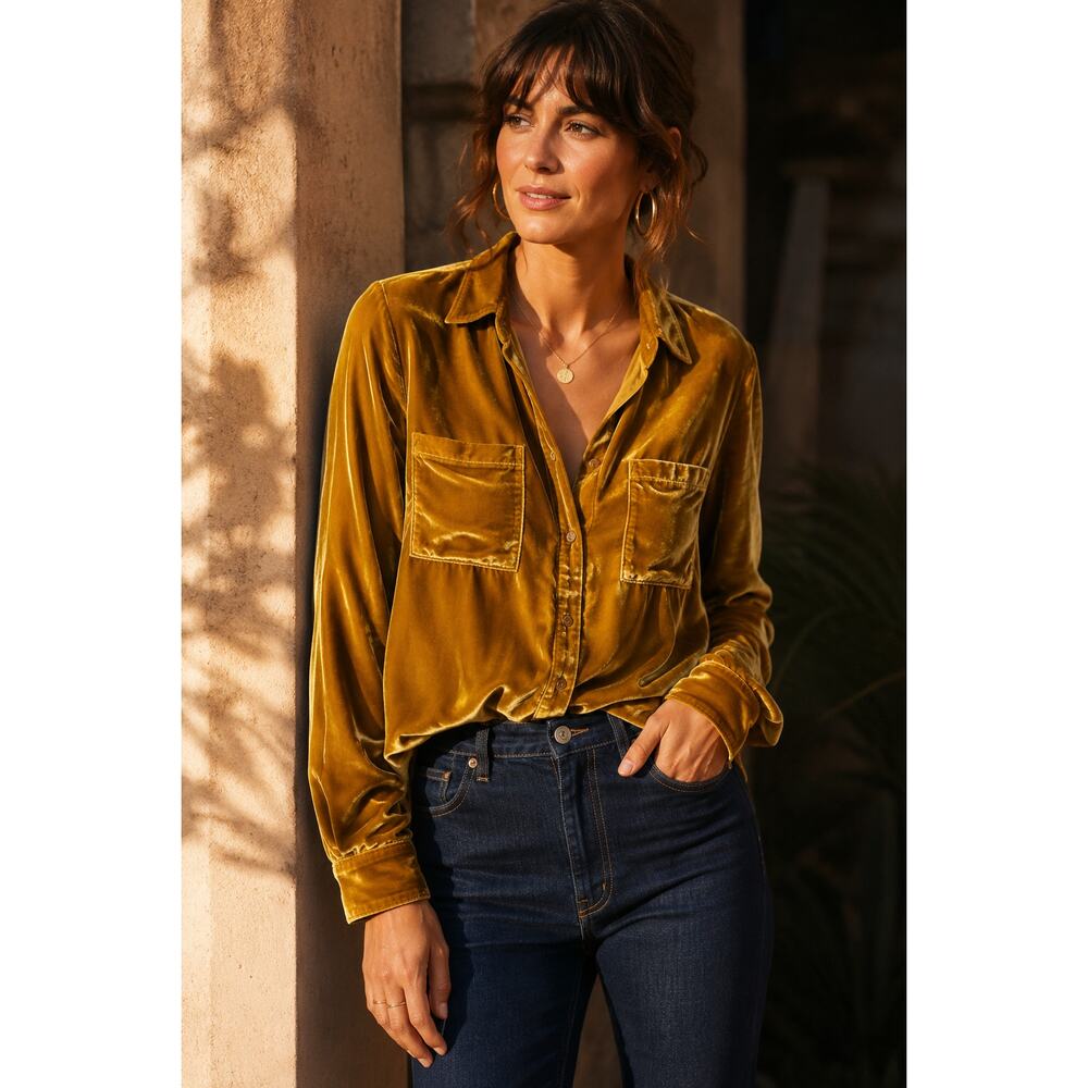 Maeve Anthropologie Velvet Button Front Shirt Womens 0 Mustard Gold Blouse